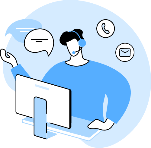 Ilustración de persona con un ordenador, con bocadillos, icono de teléfono y sobre para contactar. 