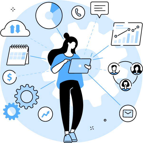 Ilustración con diferentes elementos que hacen referencia a las funcionalidades de OpenCampus