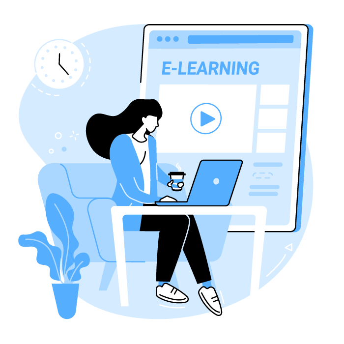 Ilustración de una persona sentada en una mesa con un ordenador navegando por un espacio formativo