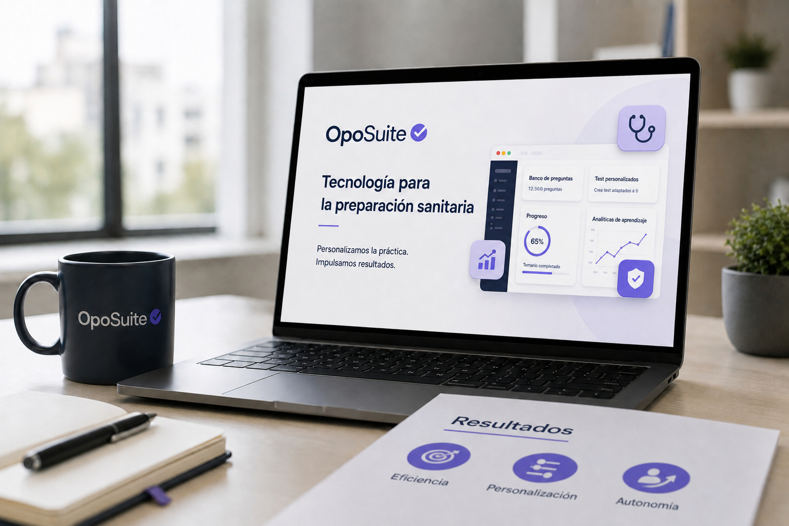 Plataforma OpoSuite para la preparación de oposiciones sanitarias con test personalizados y analítica de aprendizaje.