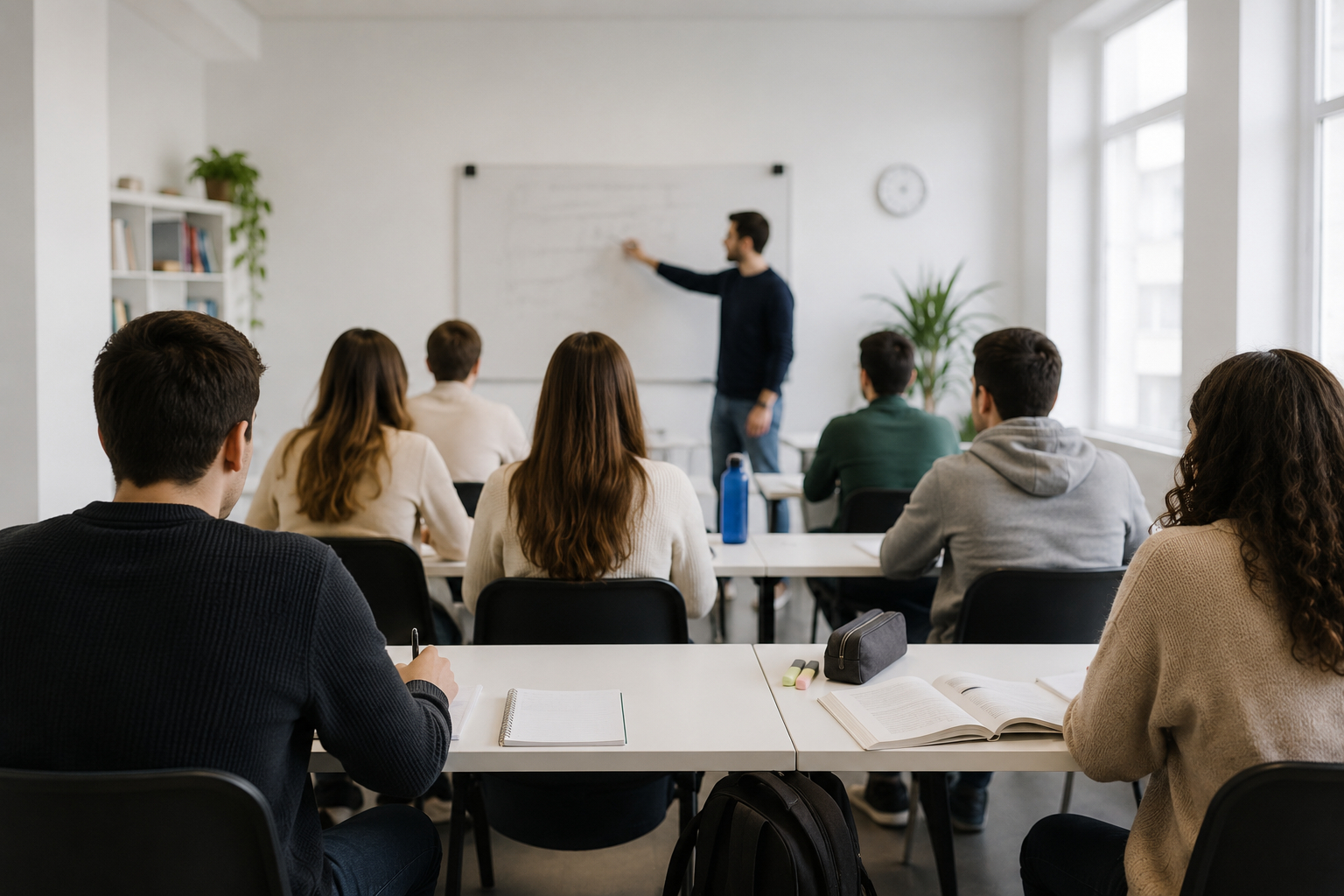Aula de una academia de oposiciones con alumnos asistiendo a una clase de preparación para exámenes oficiales