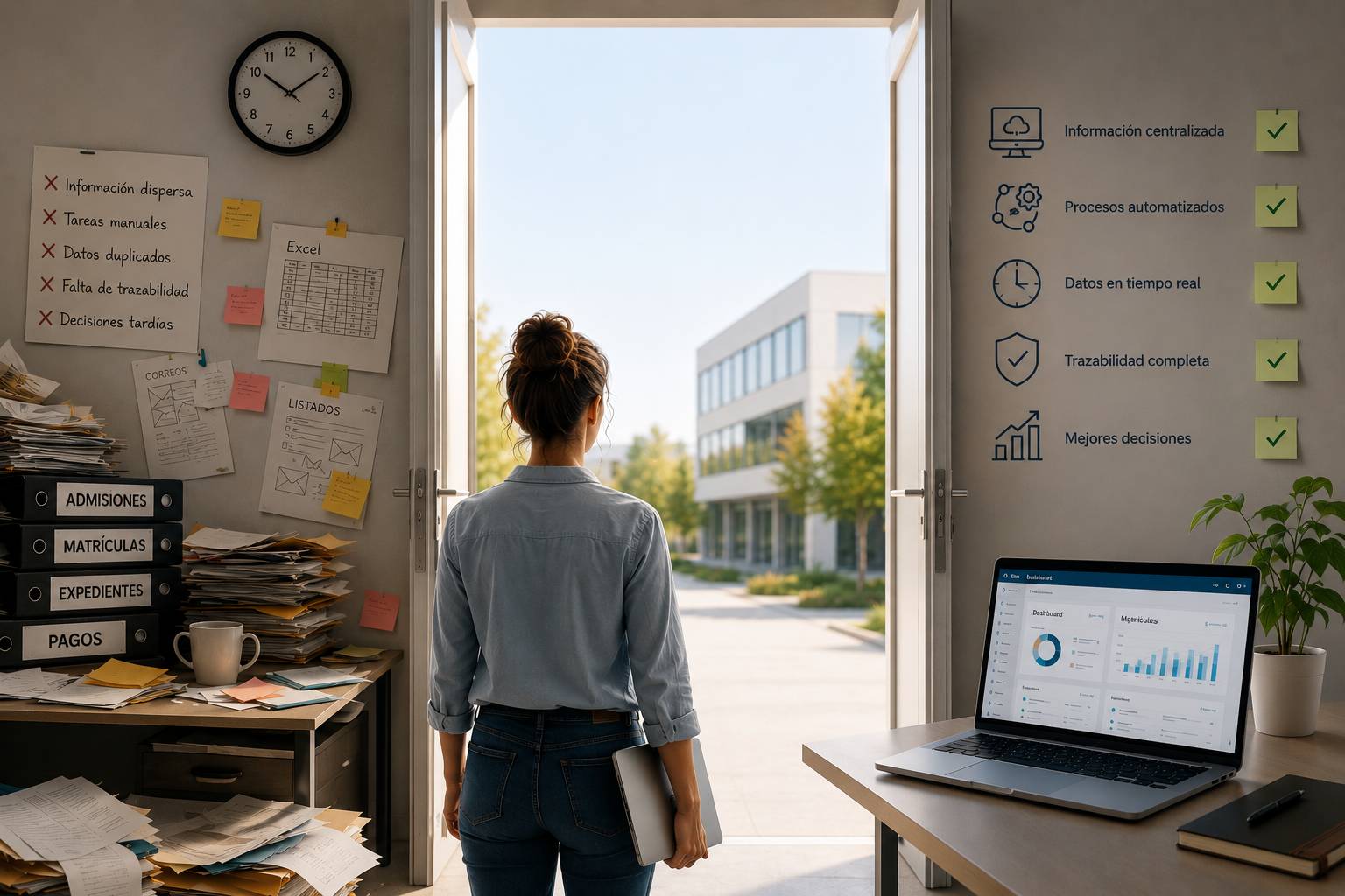 Profesional observando la transición de una oficina con documentos en papel y hojas de Excel hacia una gestión educativa digital mediante un ERP con información centralizada y procesos automatizados.