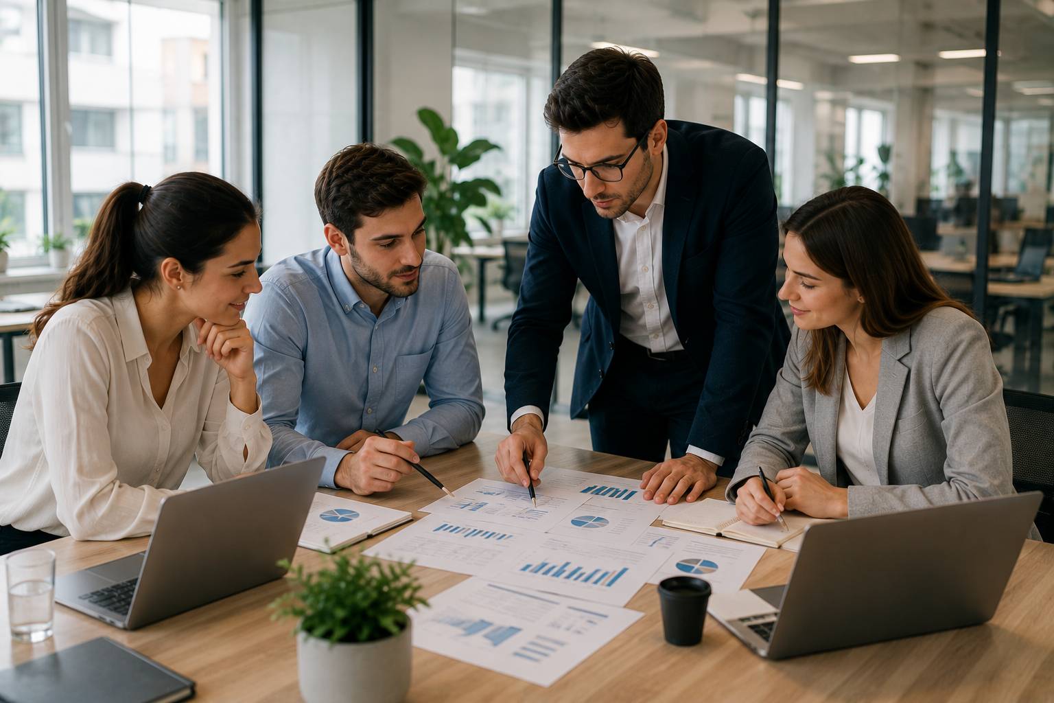 Equipo de profesionales analizando datos y planificando un proyecto en una reunión de trabajo en una oficina moderna.