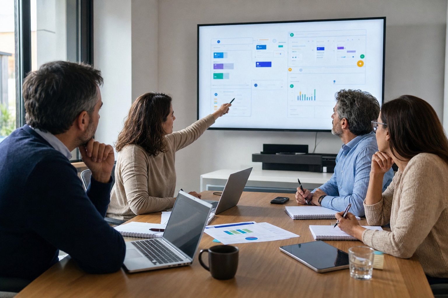 Equipo planificando la implantación de una plataforma e-learning con datos y herramientas digitales