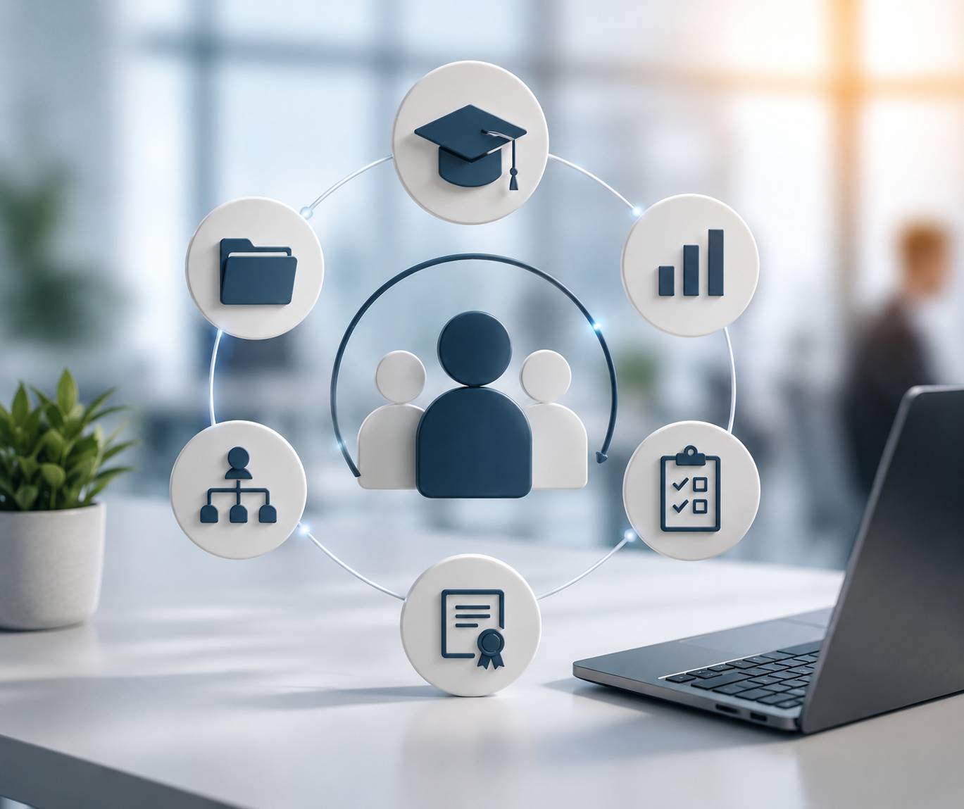 Ilustración conceptual de una plataforma de formación corporativa con usuarios, automatización de procesos e indicadores de aprendizaje.