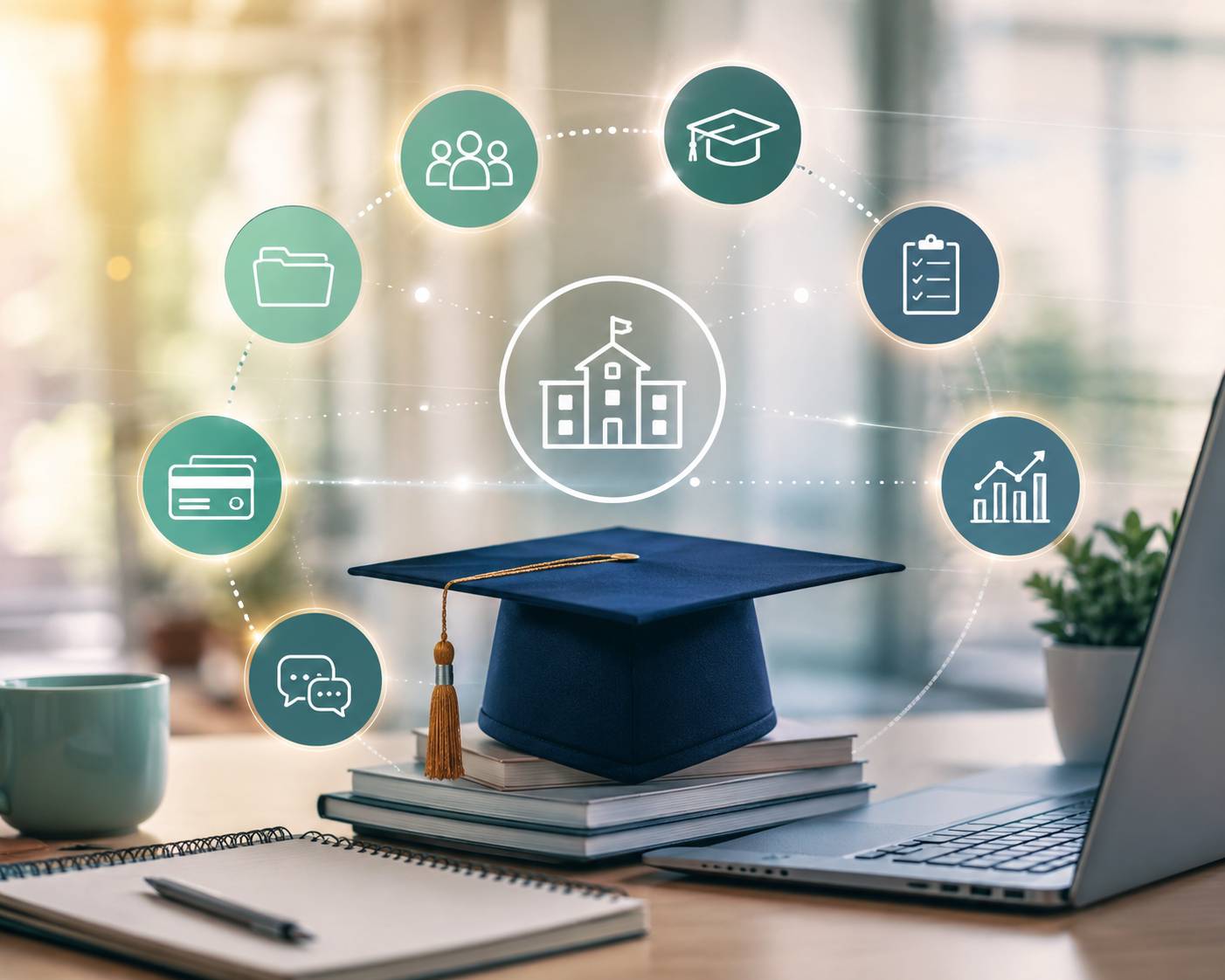 Plataforma de gestión académica digital con iconos de admisión, matrícula, expedientes, pagos, comunicación y analítica educativa.