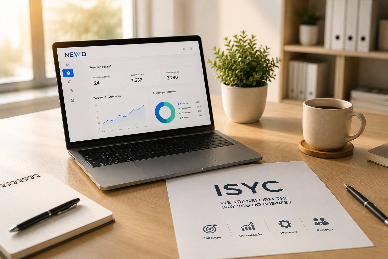 Espacio de trabajo moderno con ordenador portátil mostrando una plataforma de gestión empresarial y documentación de ISYC sobre una mesa.