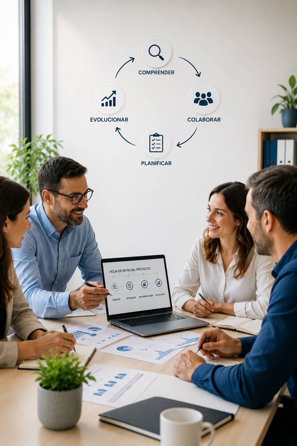 Equipo de trabajo colaborando en la planificación de un proyecto de implantación de una plataforma de gestión de la formación, con un ciclo que representa comprender, colaborar, planificar y evolucionar.