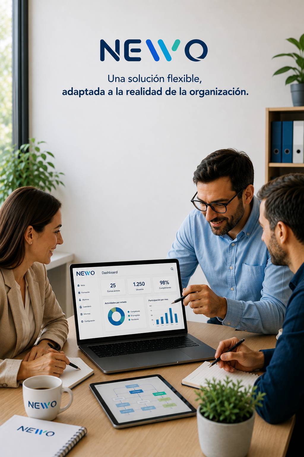 Equipo colaborando en torno a un portátil con un panel de gestión de la formación de NEWO en un entorno de trabajo moderno.